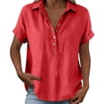 thumbnail image 4 of Duoif Women Lapel Collar Cotton Linen Top Short Sleeve High Low Hem Casual Blouse Summer 2026 Lightweight Breathable Loose Fit Daily Wear Vacation, Watermelon red, XL, 4 of 8