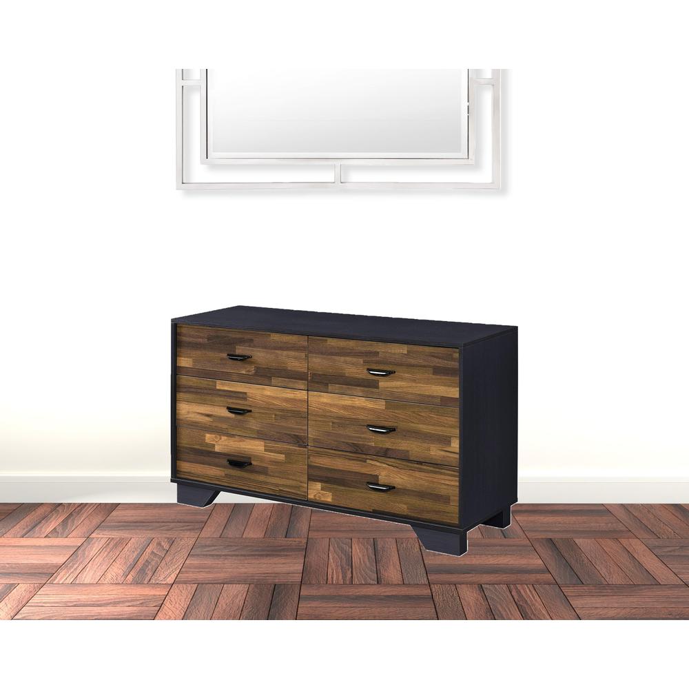 HomeRoots 490489 31 x 47 x 16 in. Walnut Black & Finish Manufactured Wood Six Drawers Double Dresser