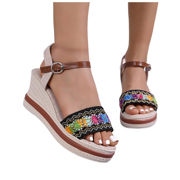 Rokment Womens Ethnic Platform Wedges Dress Sandals Bohemian Summer Vintage Colorful Linen Sole Chunky High Heeled Dressy Sandals for Woman Beach Vacation Black Size6