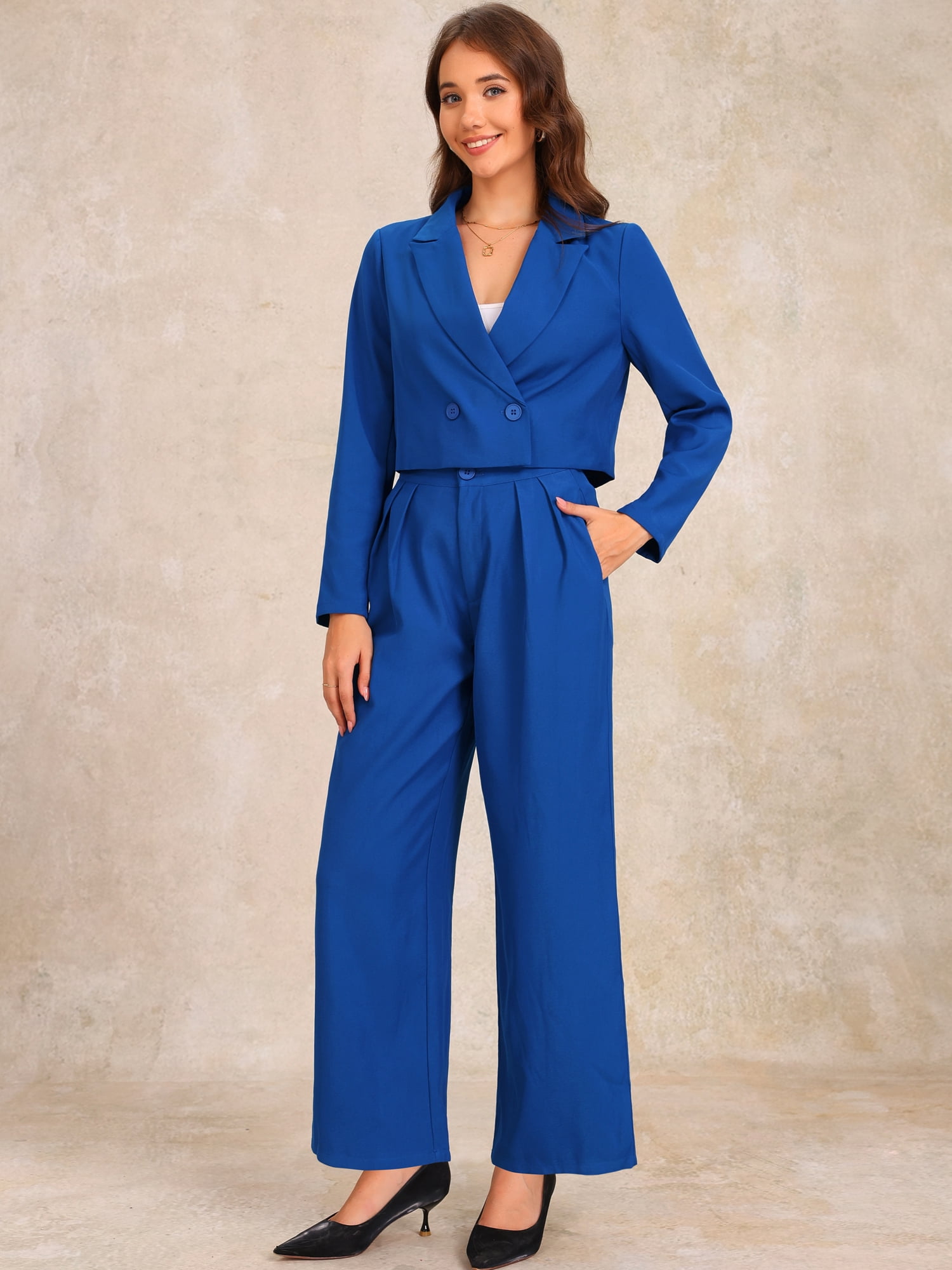 DARING DIVA Women's 2 Pcs Notched Lapel Jacket Wide Leg Pant S Blue