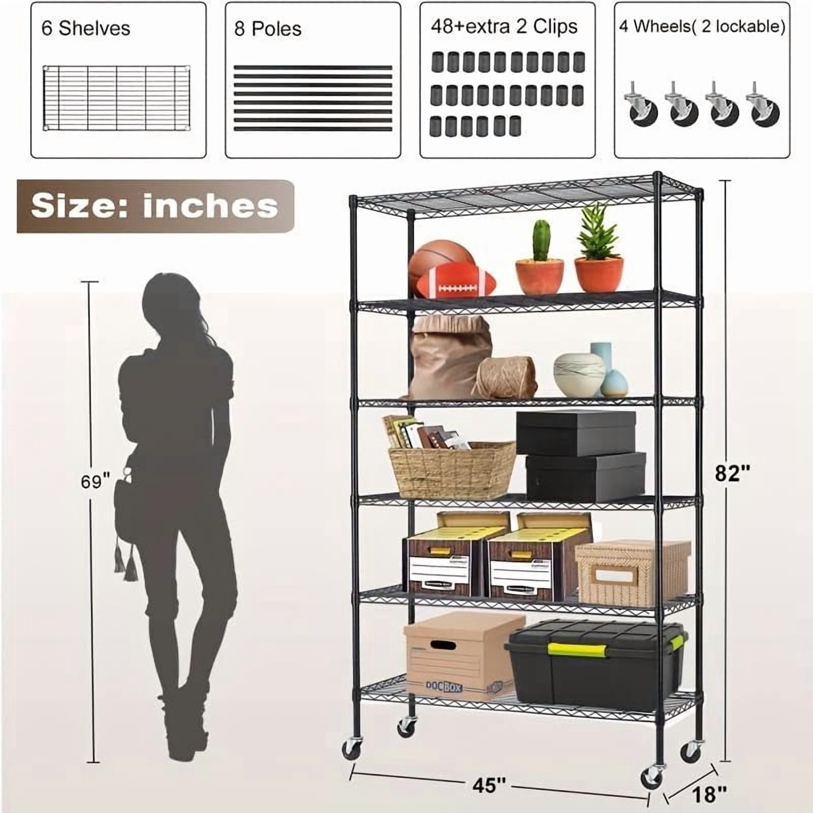 6-Tier Storage Shelves 45" x 18" x 82" Heavy Duty Metal Shelving Unit 2100Lb Capacity Adjustable Storage Racks with Wheels for Basement Commercial, Black