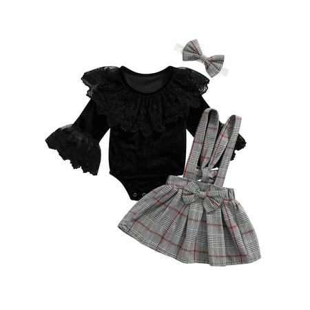 

Calsunbaby 3PCS Infant Newborn Baby Girls Solid Long Sleeve Romper Plaid Shoulder Strap Bowknot Skirt Hairband