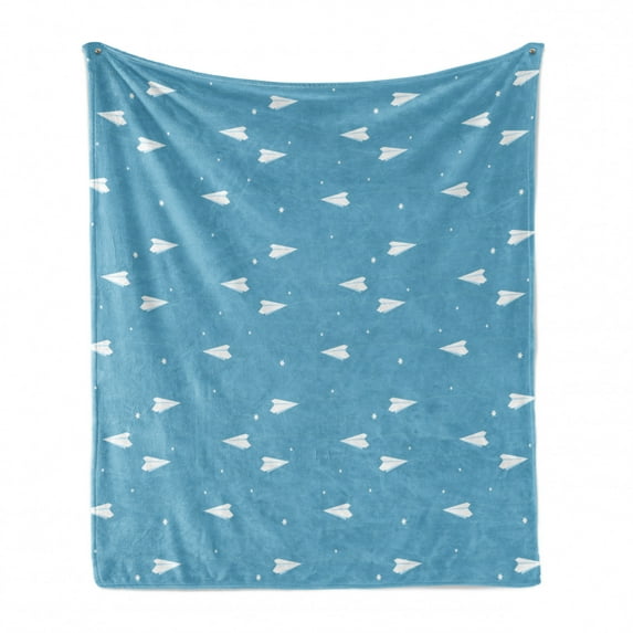 Cartoon Airplane Soft Flannel Fleece Throw Blanket, Kids Fun Play Theme Paper Airplane Routes as Heart Shapes and Stars, Cozy Plush for Indoor and Outdoor Use, 50" x 60", Blue and White, by Ambesonne