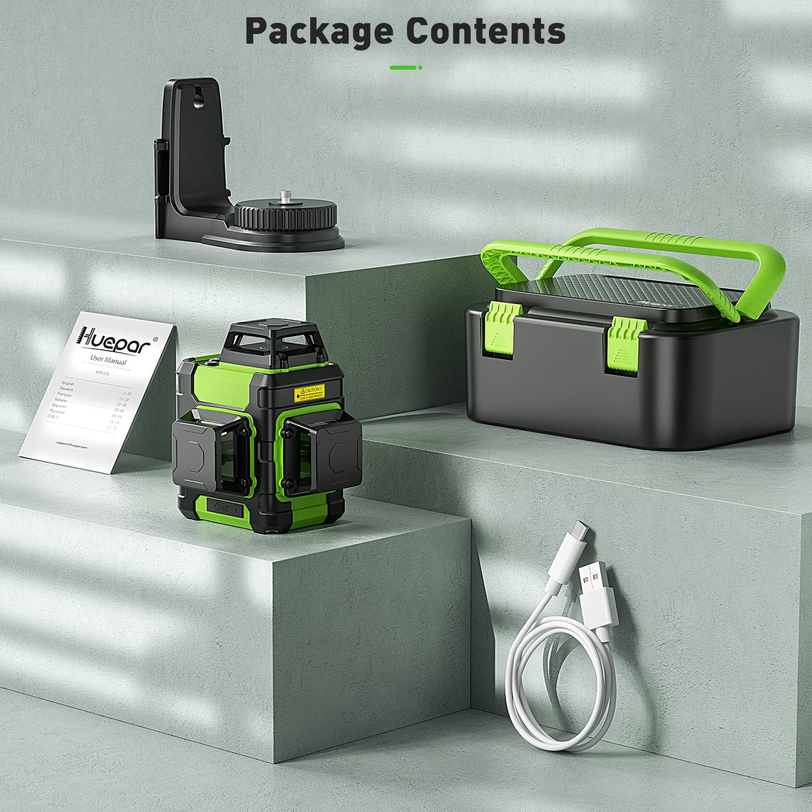 3D 12 Lines Self-Leveling Laser Level, 200Ft Green Beam 3 x 360° Outdoor Cross Line Laser Level Tool with Li-ion Battery, Magnetic Bracket and Hard Carry Case