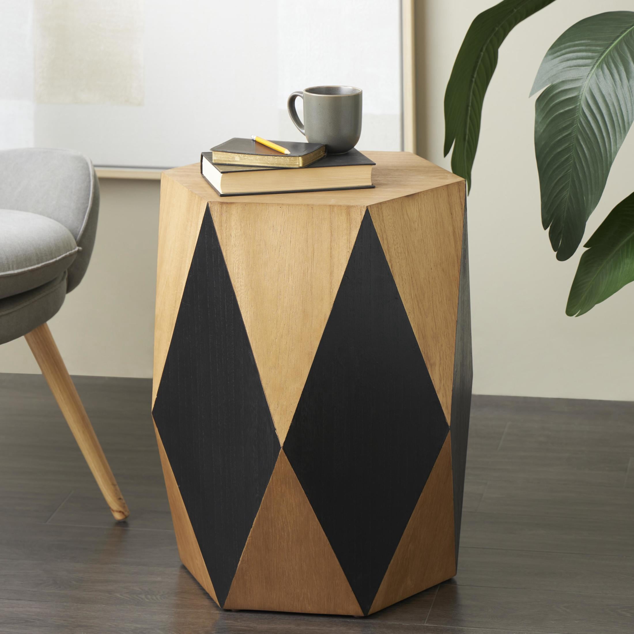 DecMode 19" x 24" Brown Wood Diamond Geometric Accent Table with Black Accents, 1-Piece