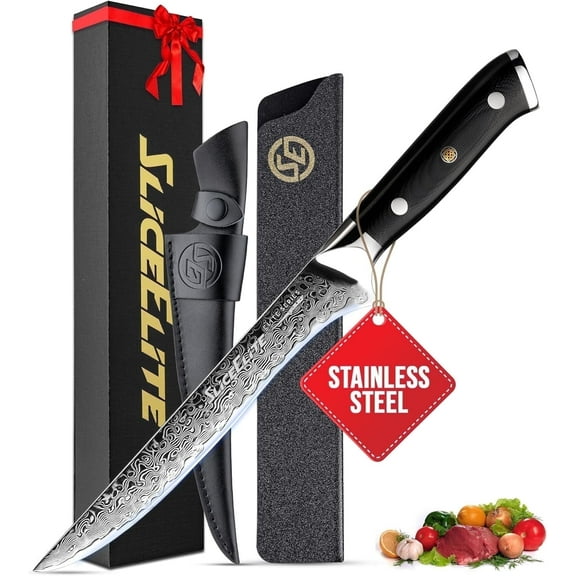 Elite Series 5.5-Inch Damascus Fillet Knife | VG10 Core, Gold-Infused Carbon Fiber Handle | Fish Fillet with Dual Sheaths | Kitchen Knives for Meat (5.5-Inch Fillet Knife)