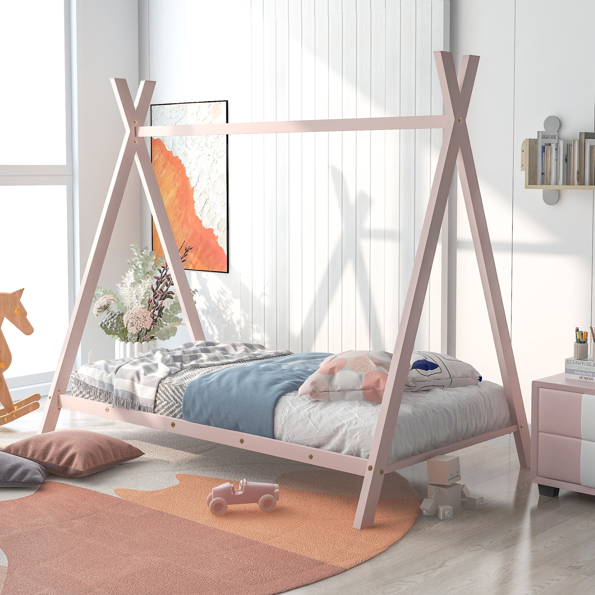 Gewnee Twin Size Metal Tent Bed Floor House Bed with with x-Shaped Frame for Kids,Pink