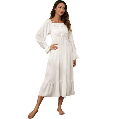 

Sales Promotion!Autumn Ladies Retro Palace Lace Sleeping Dress Long Sleeve Vintage Nightgowns Cotton Princess Nightdress Home Dress for Sleeping White M