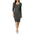 thumbnail image 2 of INSPIRE CHIC Women's Plaid Tweed Elegant Dresses Wear to Work 3/4 Sleeve Bodycon Midi Dress M Black, 2 of 6