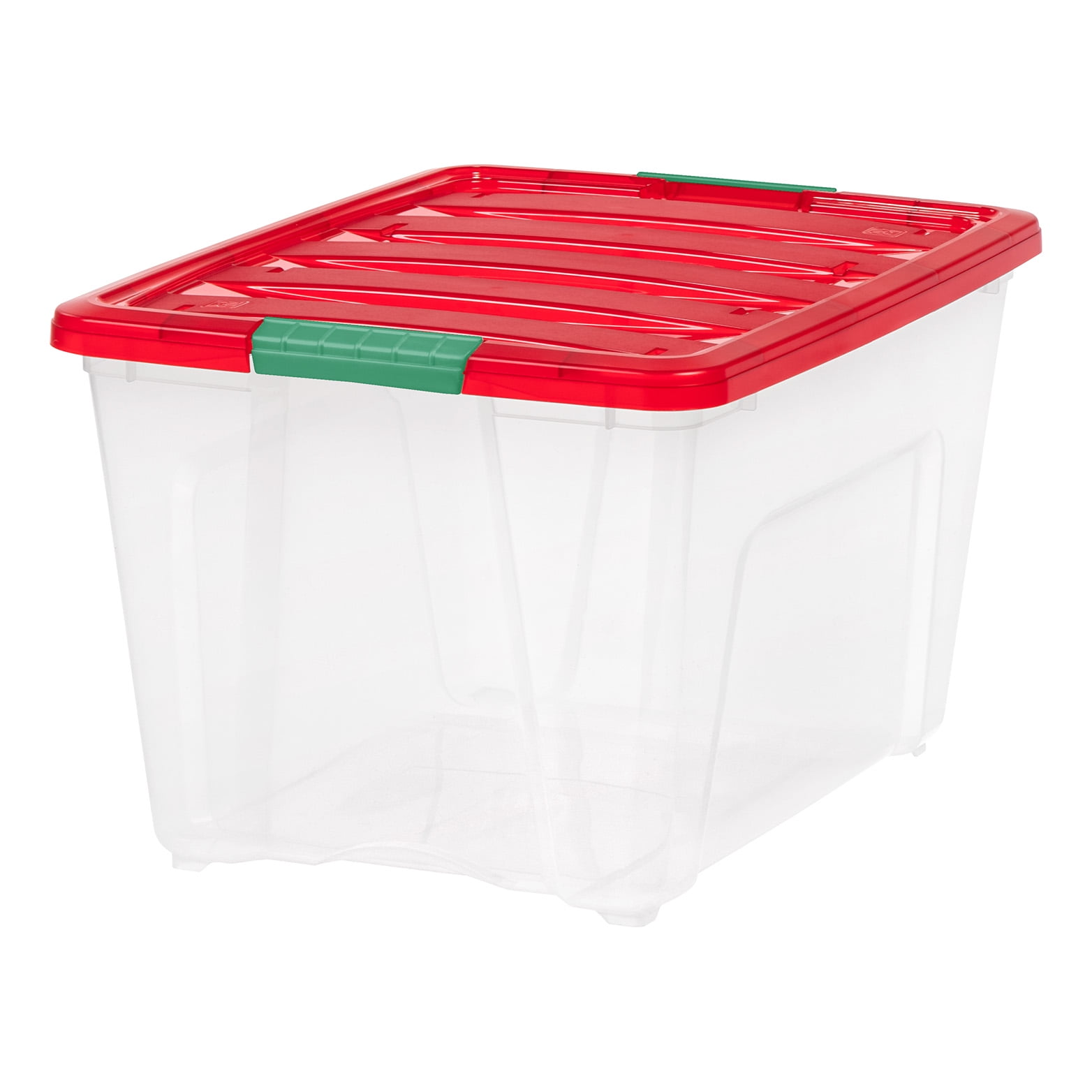 IRIS 54 Qt Stackable Holiday Plastic Storage Bins with Lids and Latching Buckles Clear Red 4 Pack