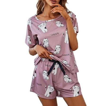 

Cute Letter Round Neck Short Sets Dusty Pink Short Sleeve Women Pajama Sets L