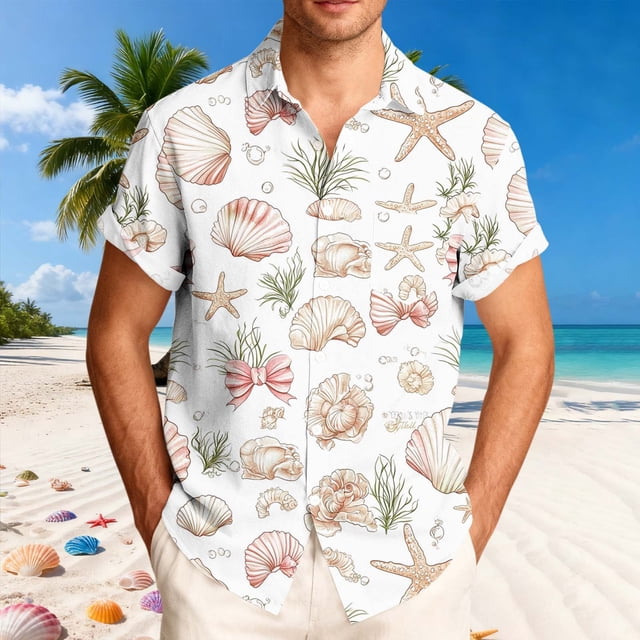 Ceisia Men's Hawaiian Pink-Gold Marine Print Short Sleeve Shirt | White Casual Button Down Beach Top Gifts