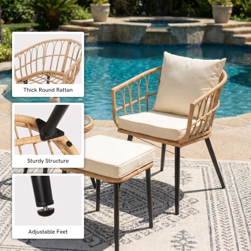 5-Piece Outdoor PE Rattan Wicker Conversation Bistro Set, All-Weather Small Patio Furniture with 2 Chairs, 2 Ottomans and Coffee Table for Balcony, Porch, Deck, Yard and Poolside