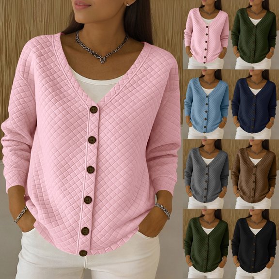 YGJTJYD Women's Quilted V Neck Button Down Cardigan Long Sleeve Lightweight Casual Winter Layering Jacket