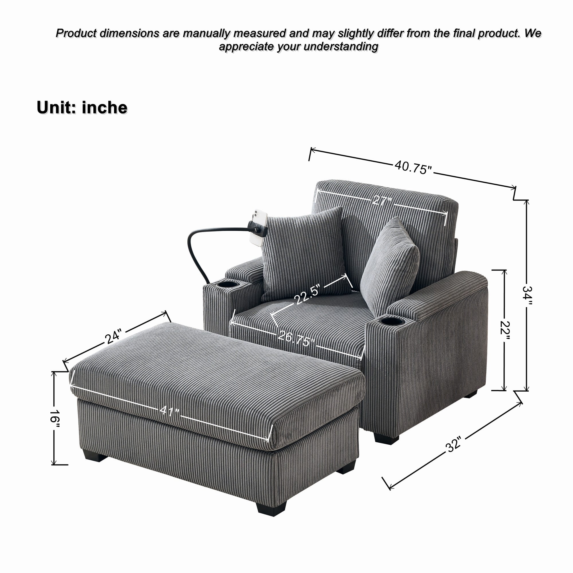 Euroco 55" Oversized Chaise Lounge Chair Indoor with Ottoman and Storage, Comfy Corduroy Sleeper Chair with Cup Holder,Mobile Phone Stand&USB Charging Port