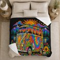thumbnail image 5 of Neon Retro Camper Van Surfer surreal Flower Power, Peaceful Mountain Lake Scene, Warm Flannel Blanket for Cabin and Lodge, Outdoor Lovers Camping Gift, Fantasy Home Decor, 5 of 9