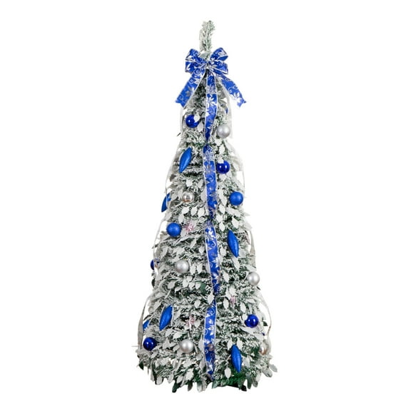 Nearly Natural 5ft. Pre-Lit Artificial Pop Up Flocked Christmas Tree with Silver & Blue Ornaments, Ribbons and 100 Warm White LED Lights