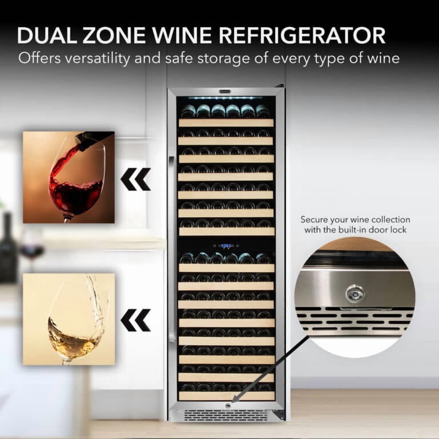 Whynter 164 Bottle 15 Shelf Lockable Dual Zone Wine Fridge, Black and Steel