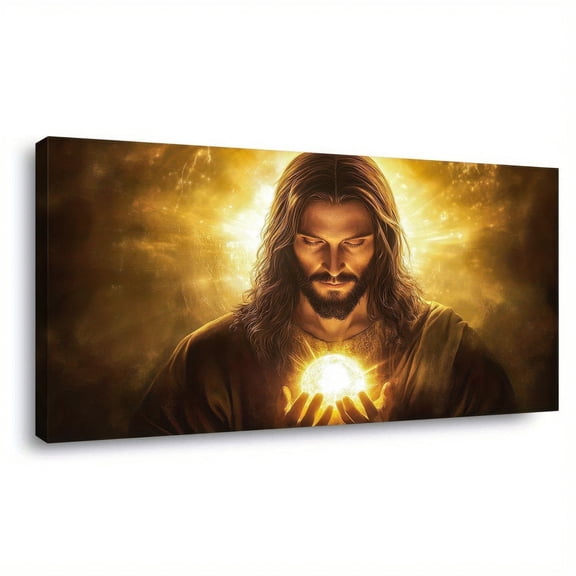 Framed Canvas Wall Art of Jesus Holding Divine Light, 48x24 Inch Religious Spiritual Decor for Home Office Church