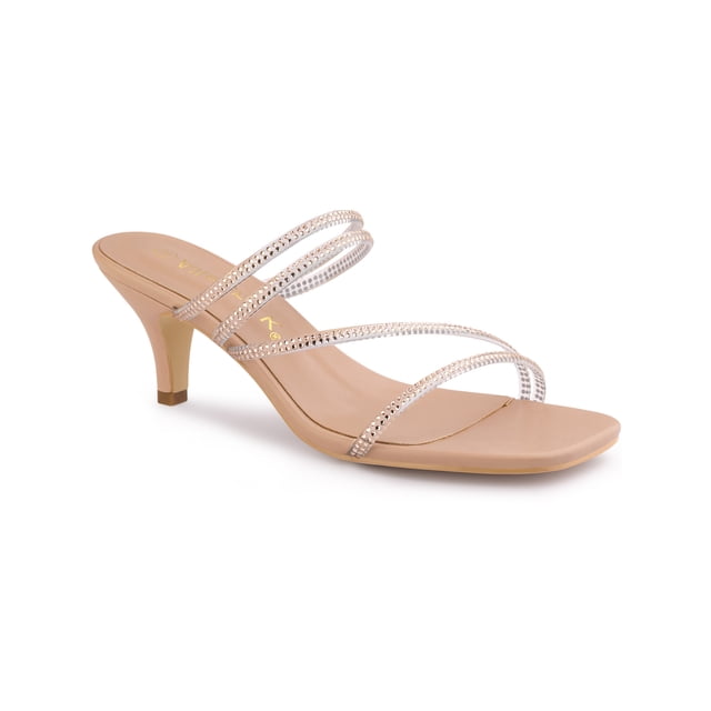 BLISSFUL STEP Sandale à Enfiler pour Femme à Brides Ornées de Strass, Bout Carré, Talon Kitten, Sandales à Enfiler Nude 9