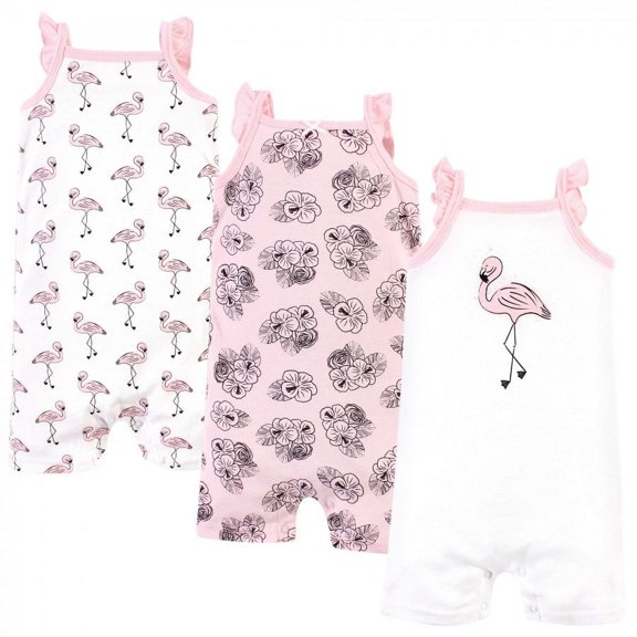 Hudson Baby Infant Girl Cotton Rompers 3pk, Painted Flamingo, 12-18 Months