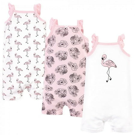 UPC: 0660168526653 | Hudson Baby Infant Girl Cotton Rompers 3pk  Painted Flamingo  6-9 Months