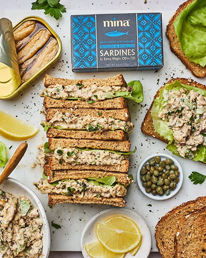 Mina Boneless Skinless Sardines in Olive Oil, 4.4 oz (12 Pack) Wild Caught, Keto, High Protein