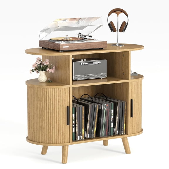 Mid-Century Modern Round Record Player Stand  Integrated Charging Station & USB  Holds 300+ Records  Arched Wood Table with Open Shelves
