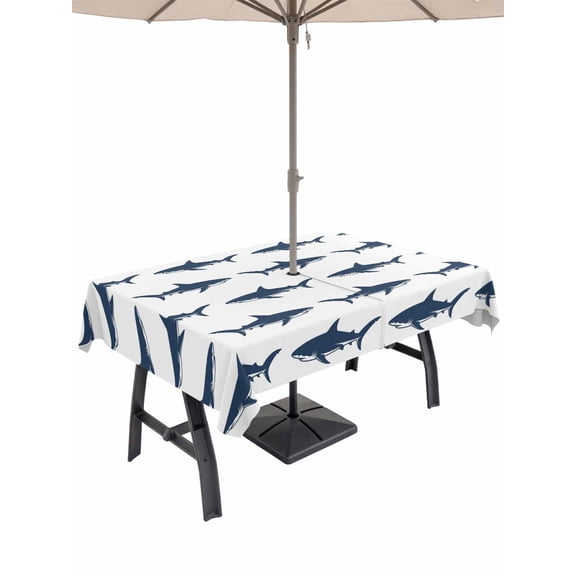 Outdoor Tablecloth with Umbrella Hole for Patio/Picnic/Party/Camping, Blue Coastal Shark Waterproof Table Cloth Rectangle Table Cover Washable, Ocean Sea Nautical (60"x 102")