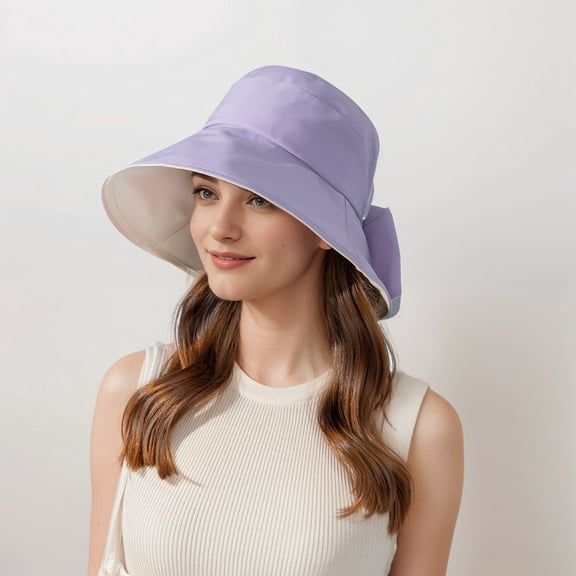 Wide Brim Bucket Hat Back Bow Detail for Sun Protection and Stylish Summer Looks - Purple
