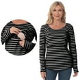 thumbnail image 2 of Youmylove Women Maternity Regular Stripe Hem Tee Shirt Casual Long Sleeve O-Neck Basic Nursed T-Shirt Top Belt Breastfeeding Ladies Stylish Pregnant Clothes, 2 of 6