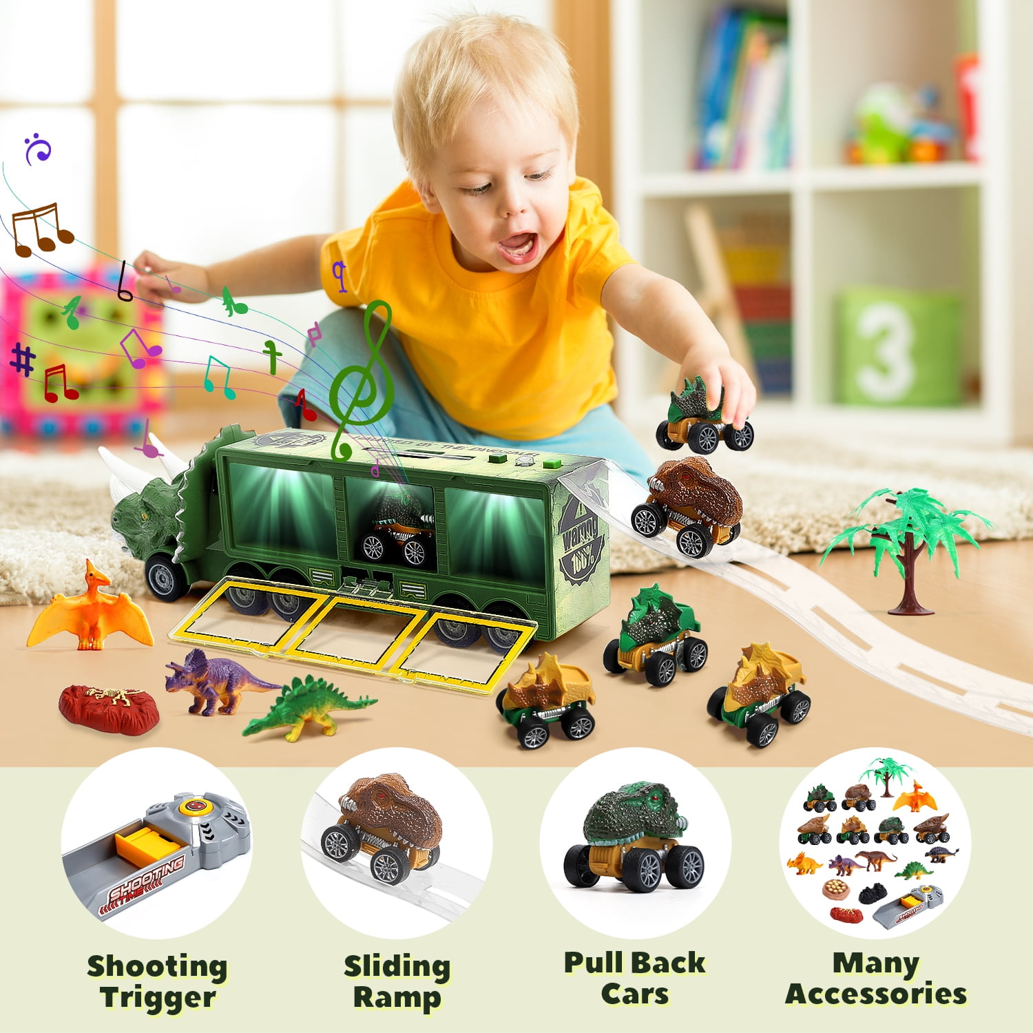JoyStone 20 in 1 Dinosaur Truck Toys with Lights & Sounds,  Dinosaur Play Set for Kids 3-5 Years, Including 6 Pull Back Cars, 6 Dino Figures, Birthday Gift for Boys Girls, Green
