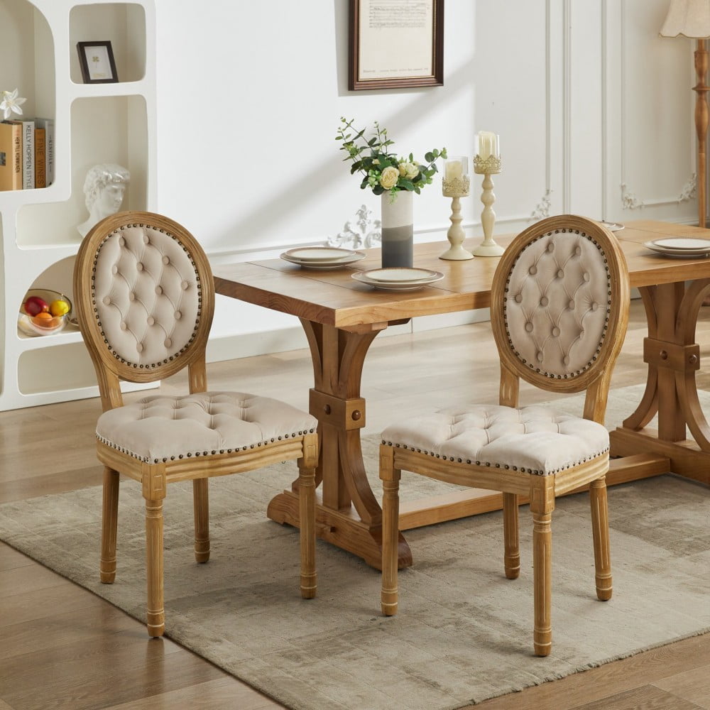 French Style Dining Chairs Set of 2, Velvet Upholstered Wood Dining Room Chairs with High Backrest, Nailhead Trim, Tufted Cushion, Beige