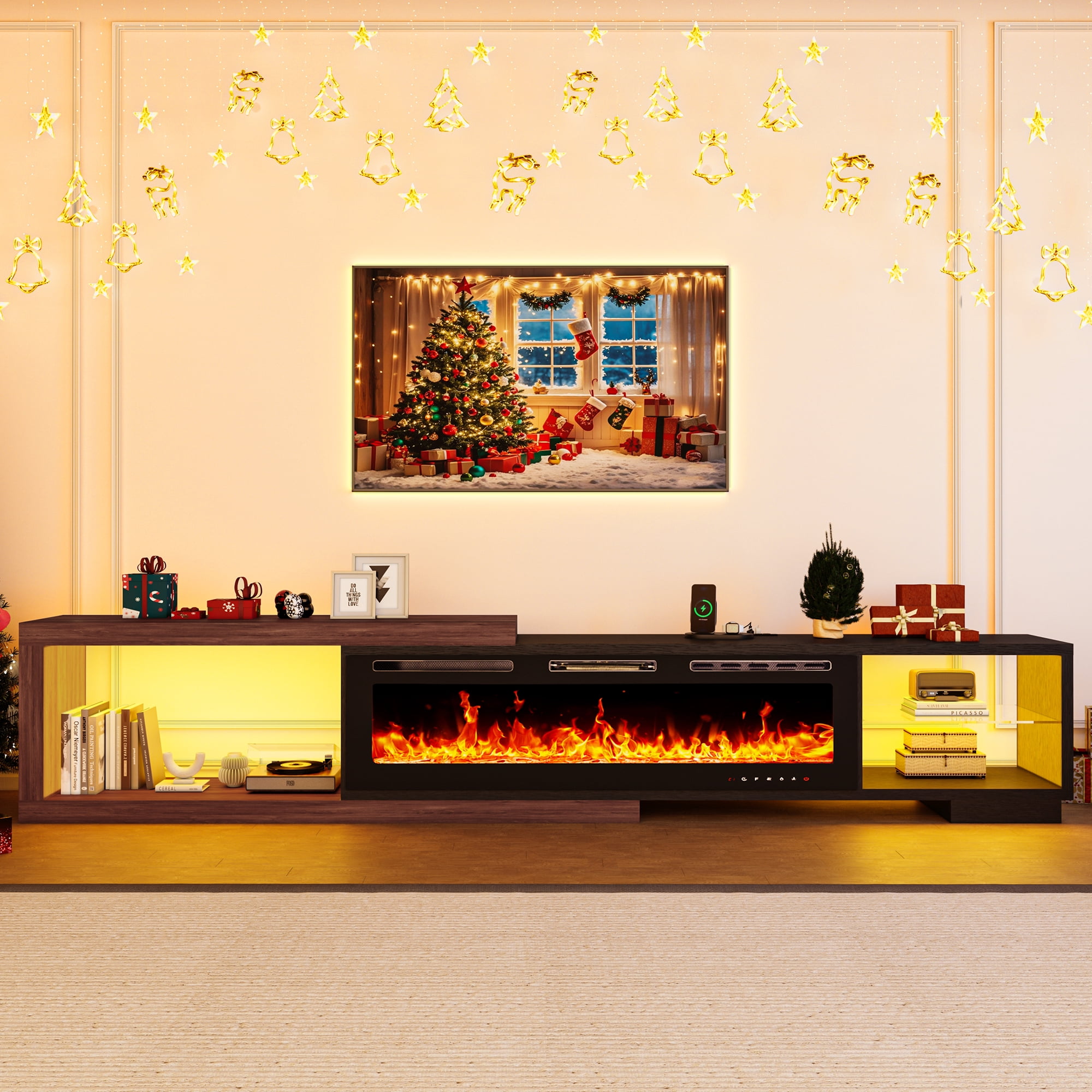 JassmiPkwy 116" Living Room Telescopic TV Stand with 50-inch LED Flame Electric Fireplace, Shelving Storage Cabinet, and Entertainment Center with LED Lighting and Charging Station, Black