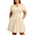 thumbnail image 2 of Karymi Plus Size Notch V-Neck A-Line Dress, Short Sleeve Waist Pleated Flare Dress with Pockets, Solid Casual Work Dress Cocktail Dresses for Women, 2 of 7