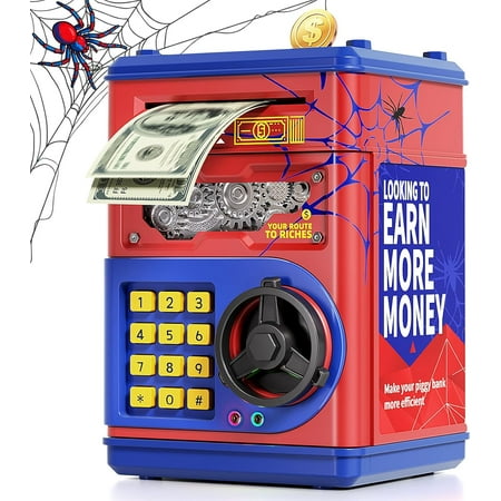 Piggy Bank for Kids Boys 5-13 with 4 Saving Record Cards, Kids Money Safe Banks for Real Money with 4-Digit Password, Electronic Piggy Bank Toys for Boys Girls with ATM-Style Cash Slot, Red Blue