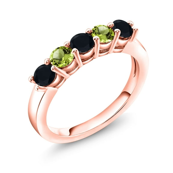 Gem Stone King 18K Rose Gold Plated Silver Black Onyx and Green Peridot 5-Stone Wedding Anniversary Band Ring for Women (0.80 Cttw, Gemstone December Birthstone, Size 9)