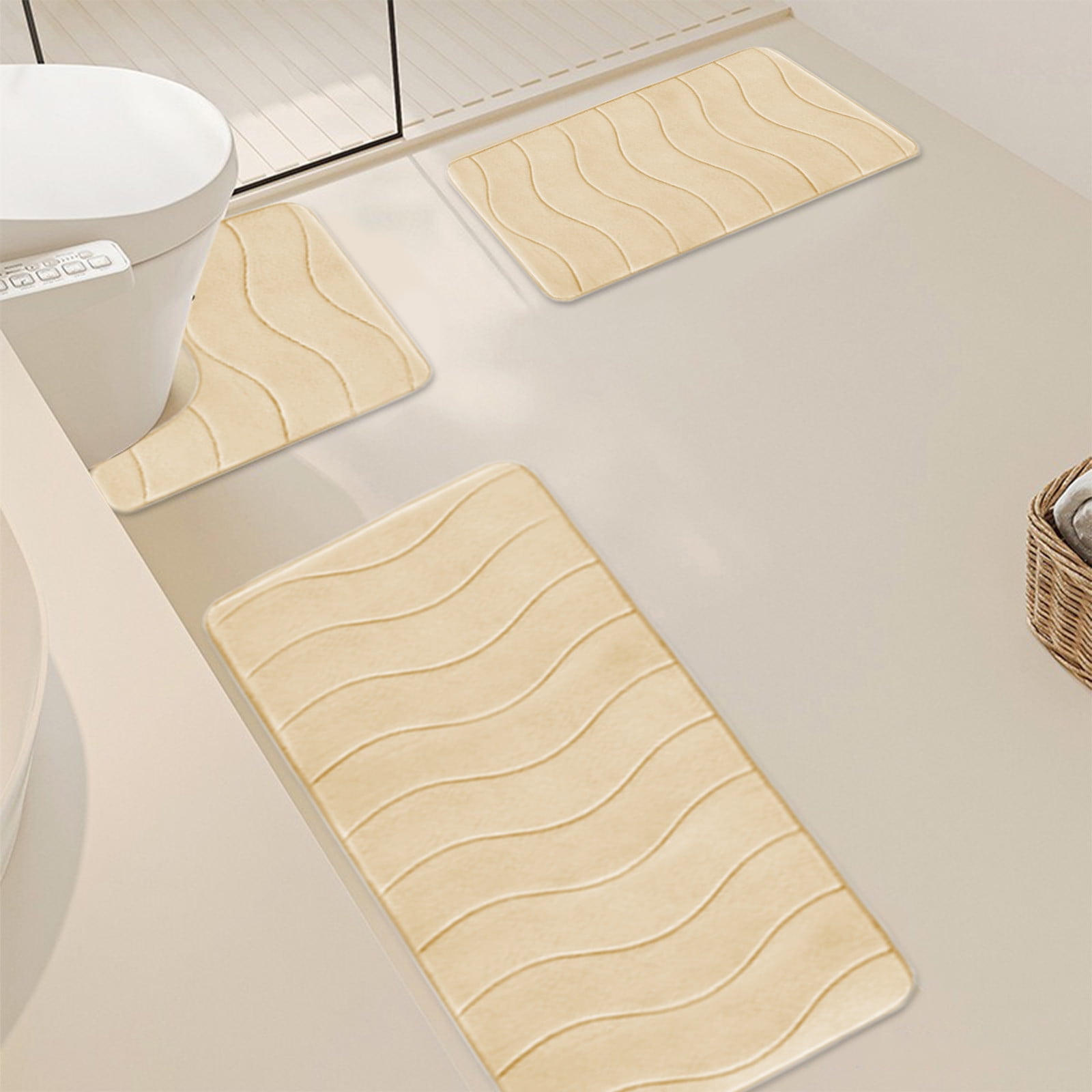 Beautynvta Memory Foam Bath Mat Set, 3 Pieces Quick-Dry Absorbent Bath Mats and U-Shaped Contour Rug for Bathroom, Non-Slip and Soft Comfortable, Beige