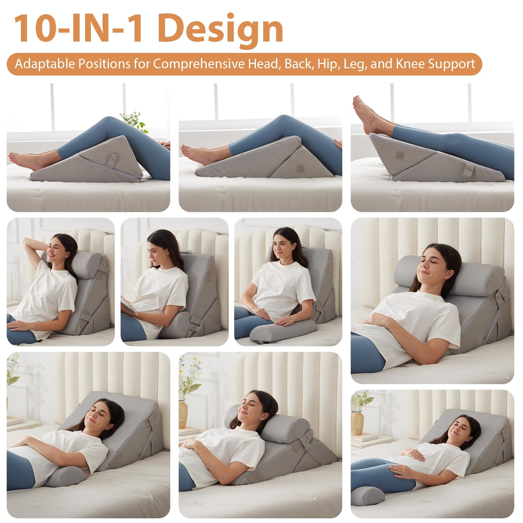 3pcs Wedge Pillow Set  Adjustable Headboard Bed Pillows For Sleeping Support Sitting Up Grey