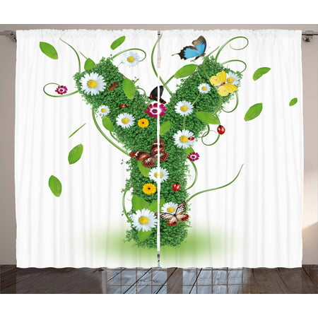 Letter Y Curtains 2 Panels Set, Spring Themed Warm Climate Flora and Fauna Green Capital Nature Inspirations, Window Drapes for Living Room Bedroom, 108W X 108L Inches, Green Multicolor, by