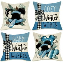 Warm Winter Wishes Blue Decorative Throw Pillow Covers 20 x 20 Set of 4, Cozy Vibes Pine Needle Farmhouse Outdoor Pillowcase, Christmas Plaid Bow Cushion Case Home Decor