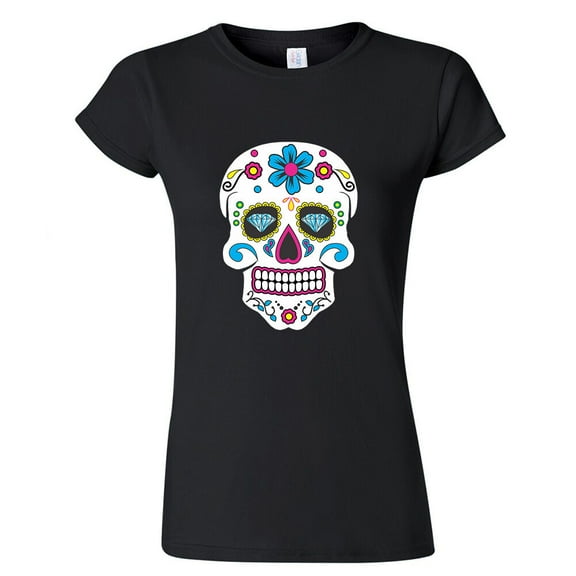 Sugar Skull Printed Lady T-shirt Day Of The Dead Black Tee Small