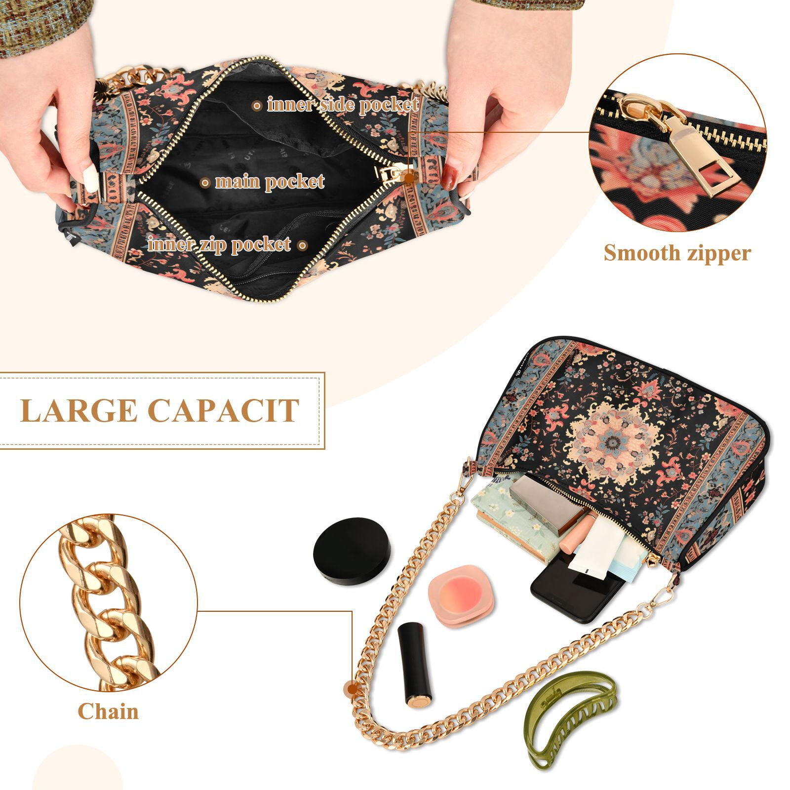 Vintage Boho PatternWomen Small Shoulder Bag Crossbody Tote Hobo Bags Purse Clutch Handbags with Chain Strap for Women