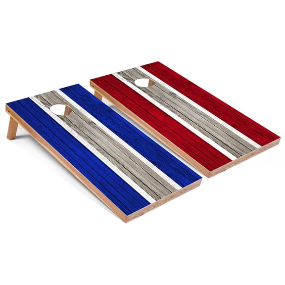 Skip's Garage | Royal and Red Striped Cornhole Boards | Includes (2) Boards, (8) Bags & Optional Accessories