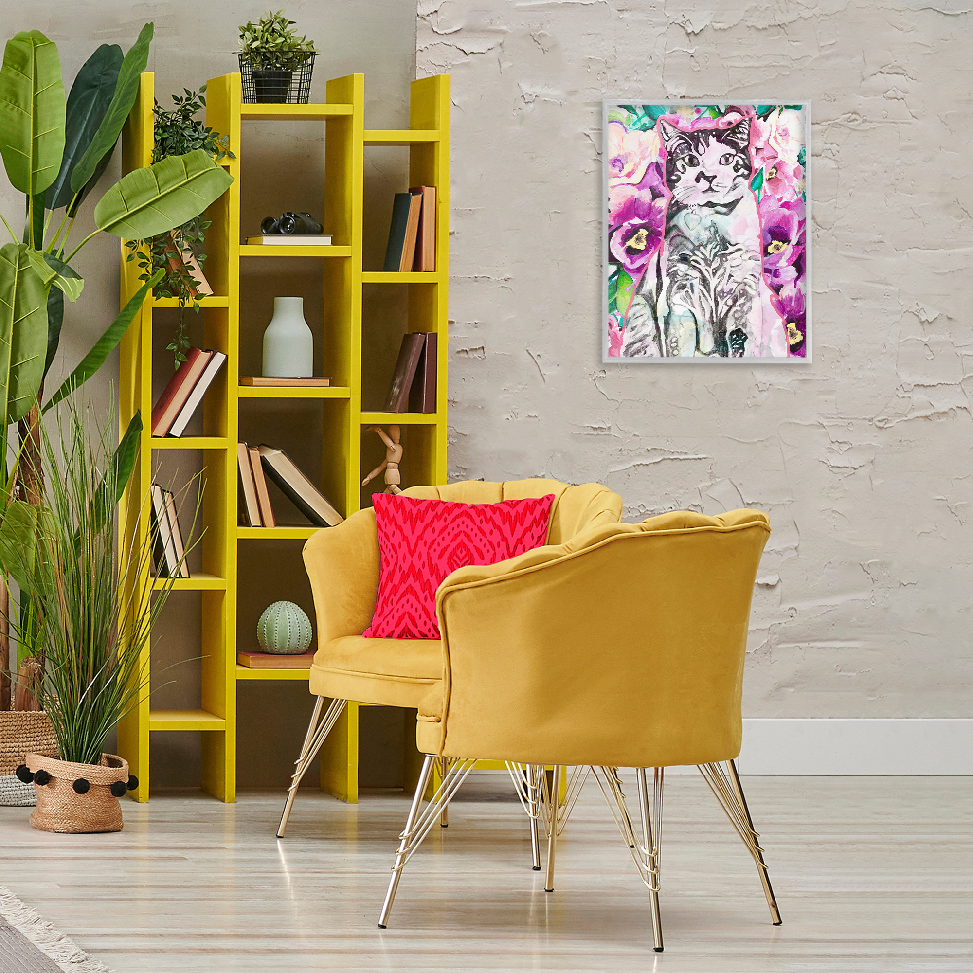 Stupell Industries Kitty Among Flowers Animals & Insects Painting Gray Framed Art Print Wall Art, 16 x 20