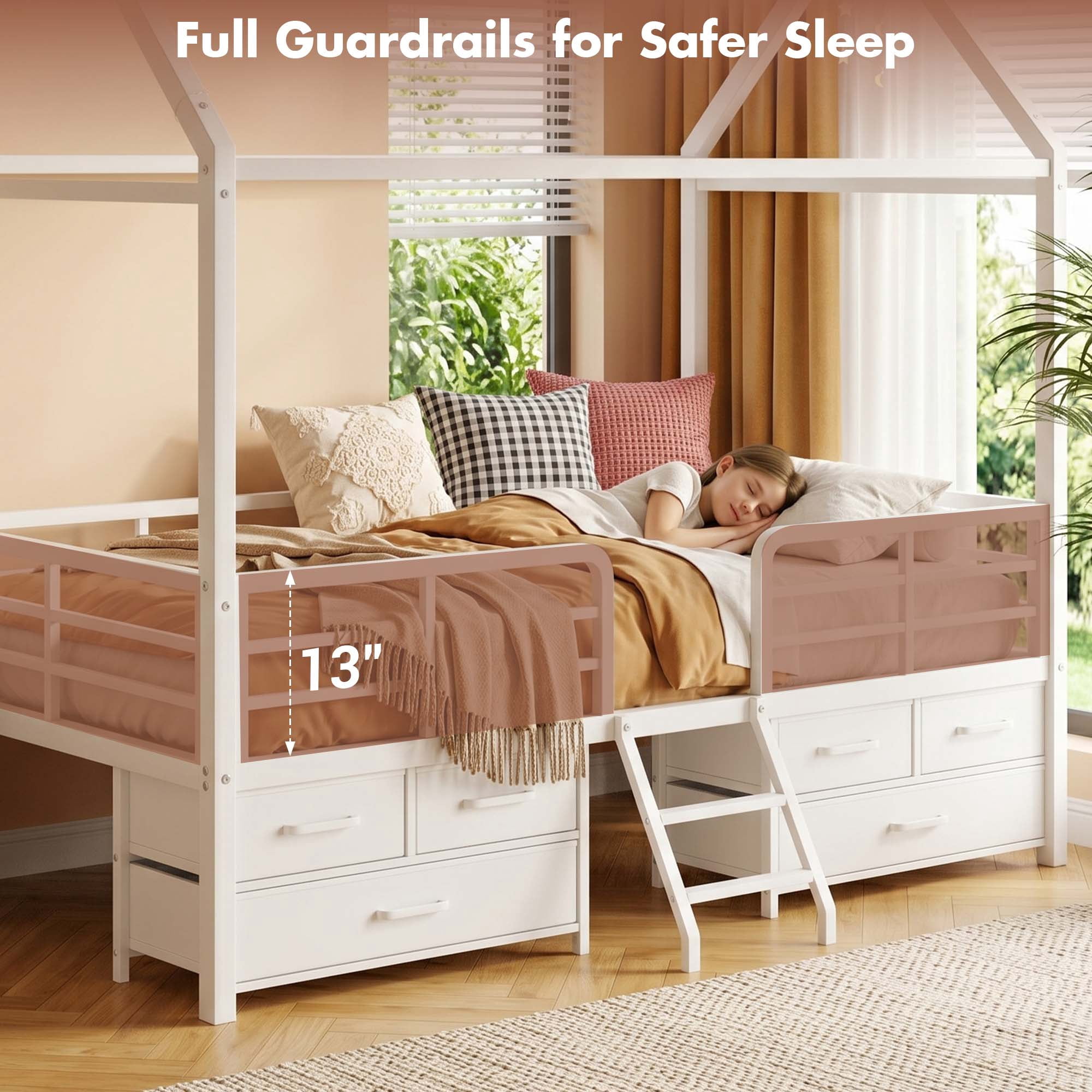 Miniyam Twin House Bed Frame with 6 Storage Drawers and Star Moon Lights, Metal Platform Bed, White