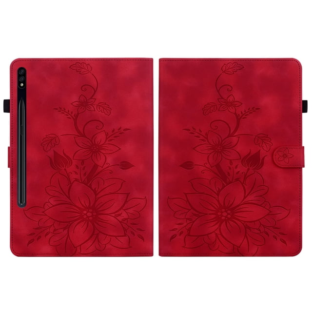 XYX Tablet Case for Samsung Galaxy Tab S7+ Plus/S8+ Plus/S7 FE, Lily Flower Pattern PU Leather Multiple Viewing Angles Stand Slim Folio Tablet Cover (Red)