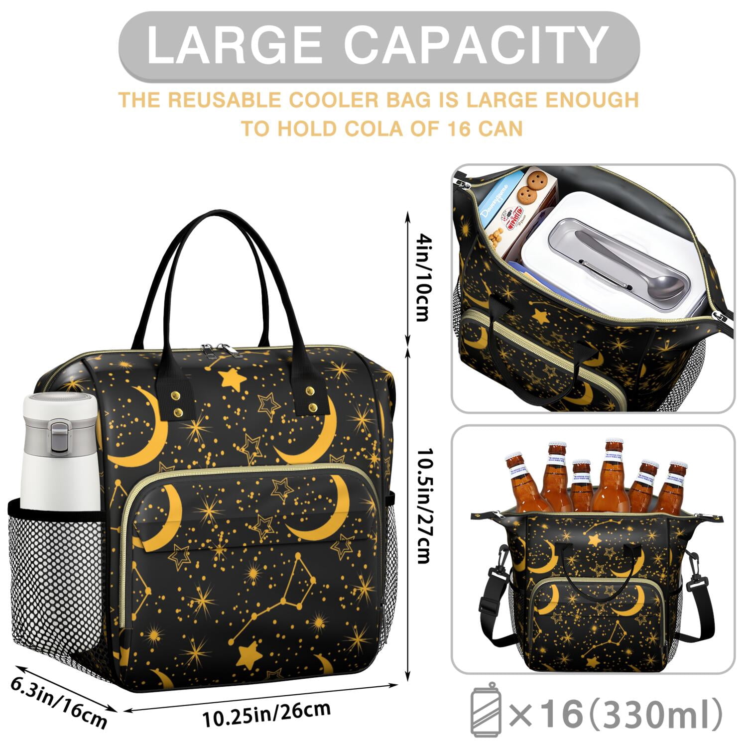 Gothic Insulated Lunch Bag – Large Leakproof Cooler Tote with Celestial Sun and Moon Print, Dual Compartment Reusable Lunch Box for Astrology Lovers