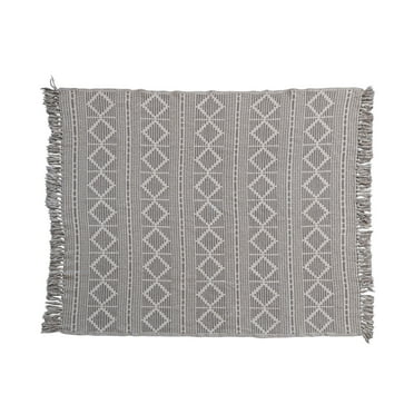 Bloomingville Soft Reclaimed Cotton Jacquard Throw Blanket with Fringe, Grey