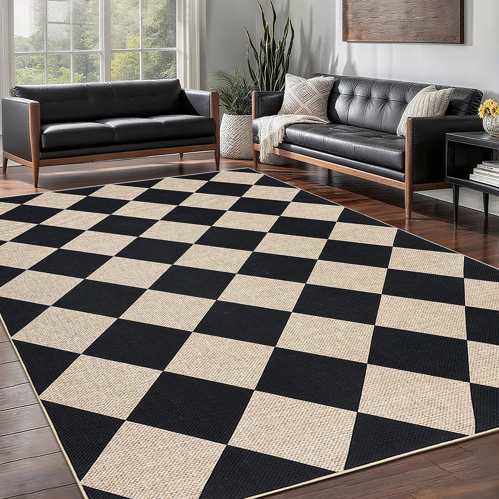 Hasoo Easy Jute Plaid Area Rug for Living Room Washable 5' x 7' Non Shedding Neutral Indoor/Outdoor Decor Carpet, Black/White